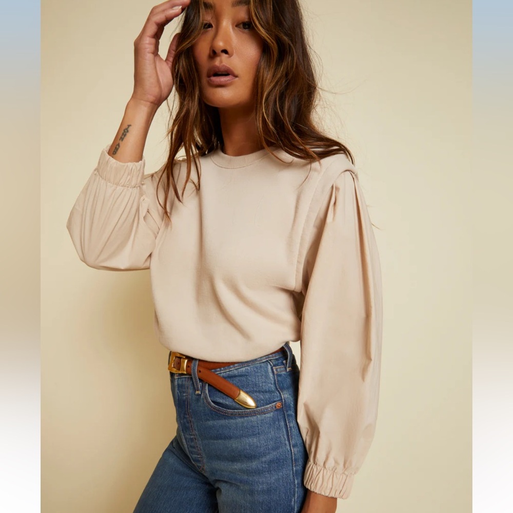 Nation LTD - Matty‎ Sweatshirt with Poplin Sleeve in Almond Milk Sz L